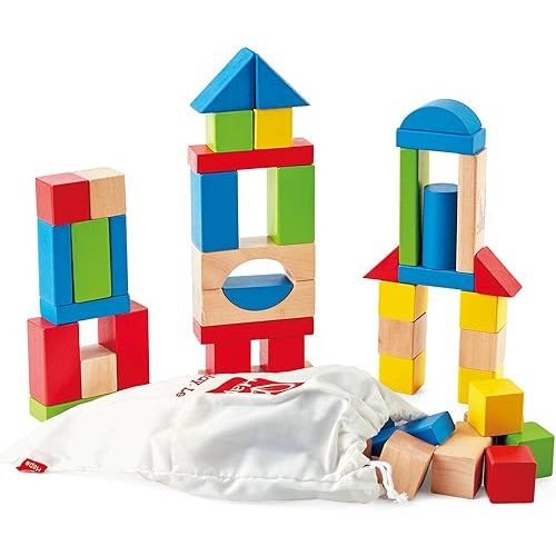 Hape Maple Wood Kids Building Blocks Stacking Wooden Block Educational Toy Set for Toddlers, 50 Brightly Colored Pieces in Assorted Shapes and Sizes