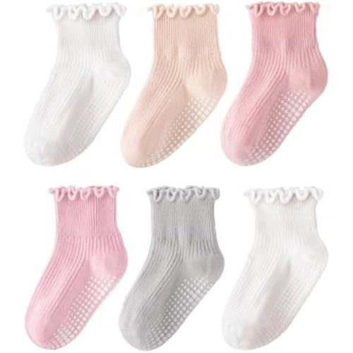 HONGTEYA 6 Pairs Toddler Ruffle Socks for Girls Non Slip Baby Socks with Grips for 1-2 Years 3-4 Years 5-6 Years Girls Boys