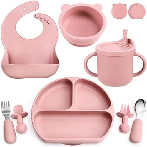 Silicone Baby Feeding Set, Baby Led Weaning Supplies with Suction Bowl Divided Plate, Toddler Self Feeding Dish Set with Spoons Forks Sippy Cup Adjustable Bib, Eating Utensils for 6+ Months(Pink)