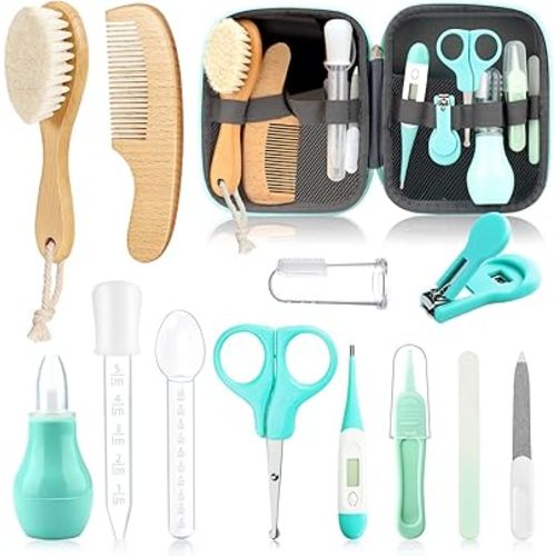 Baby Healthcare and Grooming Kit, Baby Wooden Hair Brush and Comb Set,Health Care Set with Hair Brush Scale Measuring Spoon Nail Clippers (19pcs, Green)