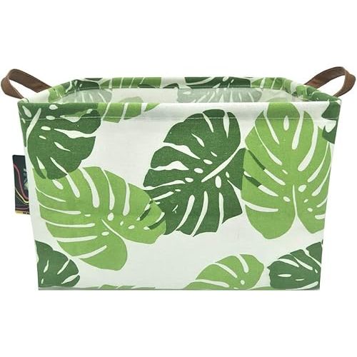 Rectangle Green Storage Basket,Clothes Basket with Handles, Collapsible Storage Box,Cute Canvas Toy Bin for Kids,Gift Basket,Room Decor(Banana leaf)