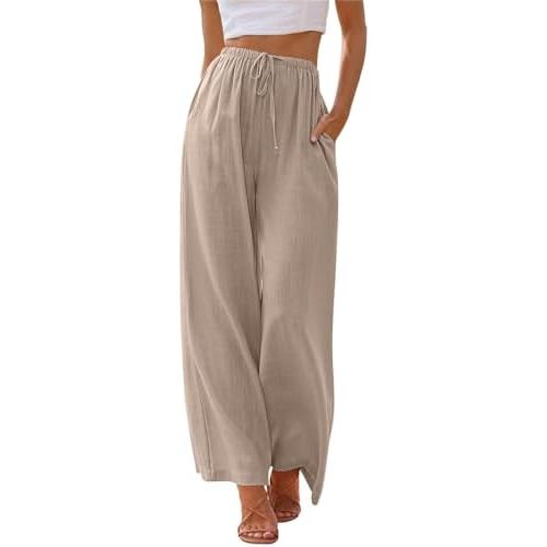 LILLUSORY Women's Linen Summer Palazzo Pants Flowy Wide Leg Beach Pants with Pockets