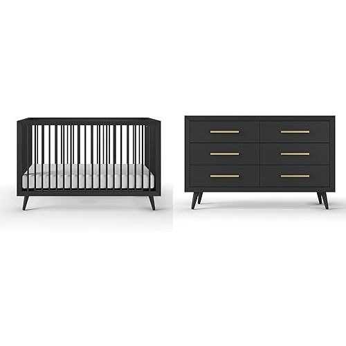 Child Craft Cranbrook Nursery Set, 2-Piece, Includes 4-in-1 Convertible Crib and 6-Drawer Double Dresser, Grows with Your Baby (Ebony)