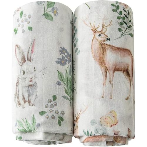 Little Jump Muslin Swaddle Blankets Neutral, Woodland Muslin Baby Blanket Receiving Blanket for Boys & Girls Unisex, Soft Large 47 x 47 inches (Rabbit & Deer)