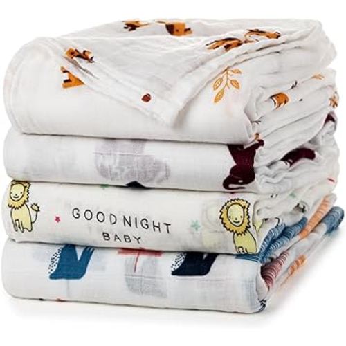 upsimples Baby Swaddle Blanket Unisex Swaddles Wrap Soft Silky Muslin Neutral Receiving Blankets for Boys and Girls, Large 47 x 47 inches, Set of 4 - Sika Deer/Elephant/Lion/Fox