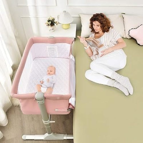 BABY JOY Baby Bedside Crib, Portable Travel Sleeper Bed Side Bassinet w/Carrying Bag, Newborn Bassinet to Infant, Kids Crib with Detachable Mattress, Height Adjustable Design, Breathable Mesh, Pink