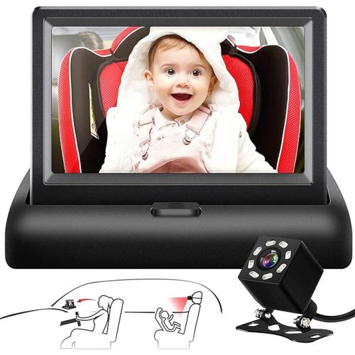 Shynerk Baby Car Mirror, 4.3'' HD Night Vision Function Display, Safety Car Seat Mirror Camera Monitored Mirror with Wide Crystal Clear View, Aimed at Baby, Easily Observe the Baby’s Move - Black