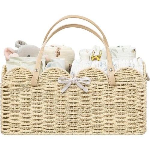 HBlife Large Baby Diaper Caddy, Paper Rope Storage Baskets Nursery Bin with Removable Divider, Portable Car Organizer for Diapers, Baby Shower Gifts, Newborn Essentials Must Haves