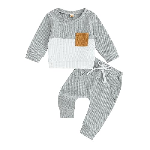 Pivanzore Baby Boy Clothes Fall Winter Outfits Waffle Knit Contrast Color Sweatshirt Top Casual Pants Set Toddler 2Pcs Outfit