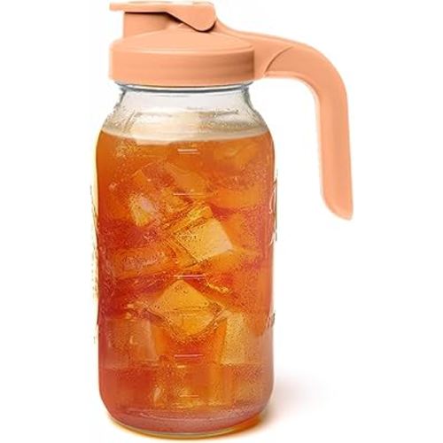 County Line Kitchen Glass Mason Jar Pitcher with Lid - Wide Mouth, 2 Quart (64 oz) - Heavy Duty, Leak Proof - Sun & Iced Tea Dispenser, Cold Brew Coffee, Breast Milk Storage, Water & More - Peach