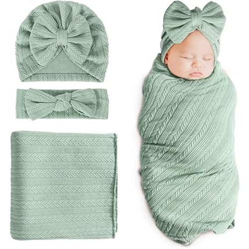 DRESHOW BQUBO Newborn Receiving Blanket Toddler Warm for Girls with Matching Bow Hat and Bow Headband Shower Gift