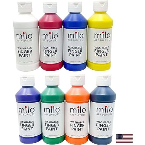 milo Kid's Washable Finger Paint Set of 8 Colors | 8 oz Bottles | Safe and Non-Toxic | Made in the USA | Art & Craft Paints for Kids, Toddlers, Pre School Supplies Painting Set for Children | Easy Pour and Squeeze Bottles