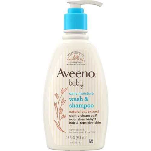 Aveeno Baby Daily Moisture Gentle Body Wash & Shampoo with Oat Extract, 2-in-1 Baby Bath Wash & Hair Shampoo, Tear- & Paraben-Free for Hair & Sensitive Skin, Lightly Scented, 12 fl. oz