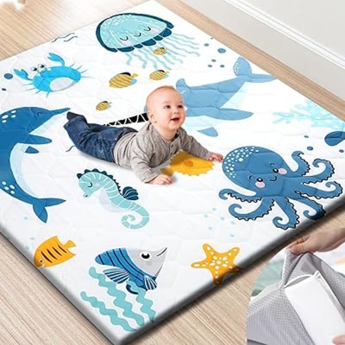 TINYHARBO Premium Foam Baby Play Mat 50x50 – Removable & Machine Washable Cover, Extra Thick Padding Playpen Mat, Non-Slip Crawling Mat, Easy to Clean for Infants, Toddlers & Babies