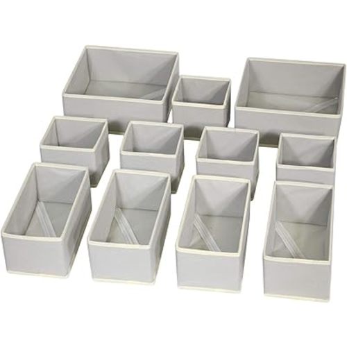 DIOMMELL Foldable Cloth Storage Box Closet Dresser Drawer Organizer Fabric Baskets Bins Containers Divider for Clothes Underwear Bras Socks Lingerie Clothing,Set of 11 Grey 245