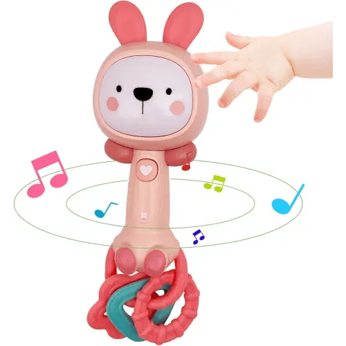 Musical Rabbit Light-Up Toy and Teething Ring for Toddlers Sensory Chew and Fine Motor Skills Toy Baby Rattle and Teething Toys for 6 12 18 Month Babies (Rabbit)