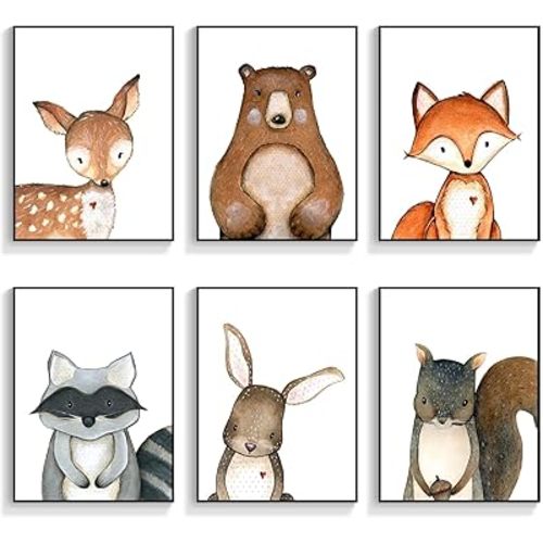 gooptyinh 6 Pieces Framed Woodland Animals Nursery Canvas Wall Art Cute Safari Jungle Animal Deer Bear Bunny Pictures Room Posters Farmhouse Forest Theme Fox Squirrel Raccoon Prints Decor 8x10in