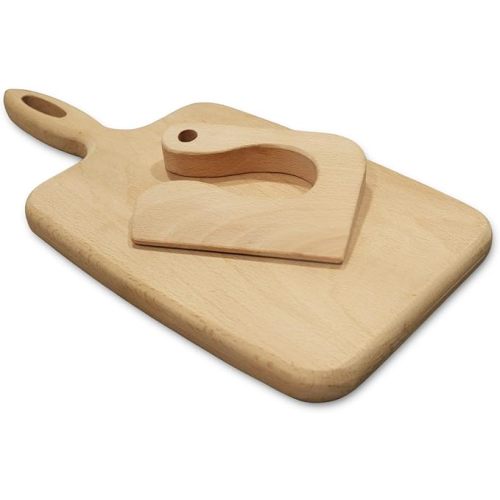 Wooden Kids Chopper Set Cutting Board and Safe Wooden Kids Knife Natural Thick Montessori Knife for Kids Toddlers Kitchen Tools Vegetable and Fruit Cutter Cooking 2Pcs