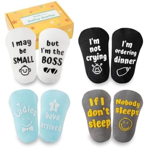 InnoBeta Baby Socks Set with Funny Quotes (4 Pairs) Newborn/Infant Socks for Baby Shower, Gender Reveal 3-12 Months