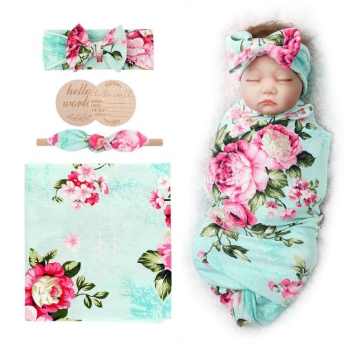 Newborn Receiving Blanket with Bow Hat Headband Wooden Card Set Newborns Toddler Baby Boy Girl Nursery Swaddle Wrap