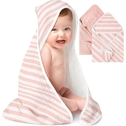 Konssy 2-Pack Muslin Hooded Baby Towels, 100% Cotton, Ultra-Soft & Absorbent Baby Bath Towels with Hood for Newborn & Infant (Pink, Stripe, 32" x 32")