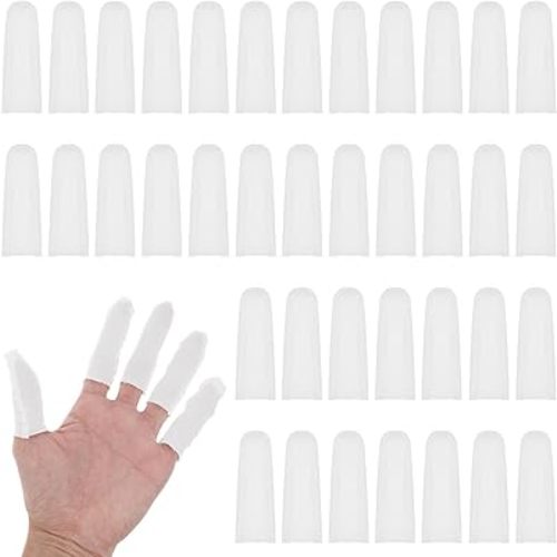 100 Pieces Cotton Finger Cots Disposable Fingertips Cover Cloth Finger Gauze Sleeve Breathable Comfortable Fingertip Bandages for Diaper Cream Finger Injury Writing Skin Calluses