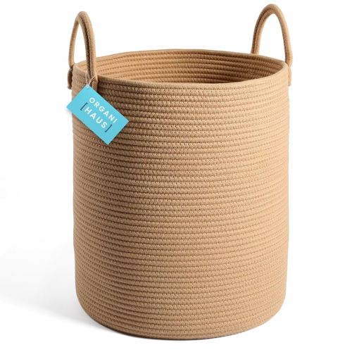 OrganiHaus Laundry Basket, Woven Cotton Rope Basket for Blankets, Toy Storage Basket, Nursery Hamper, Living Room Decor & Organizer Bins, Soft & Durable Hamper with Handles, 15x18 inches - Honey