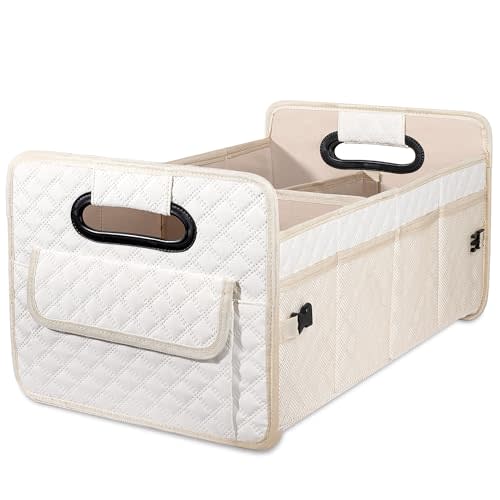 JiatuA Car Trunk Organizer for SUV, Car Storage Organizer Collapsible Multi Compartment Container Box, Adjustable Car Accessories for Women/Men, Large Beige