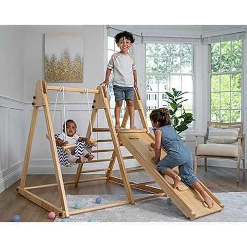 Avenlur 4-in-1 Juniper Indoor Play Gym - Jungle Gym Playset with Baby Swing, Slide, Ladder, and Climbing Wall - Foldable Wooden Playset - Indoor Jungle Gym for Kids Ages 18mo to 6yrs