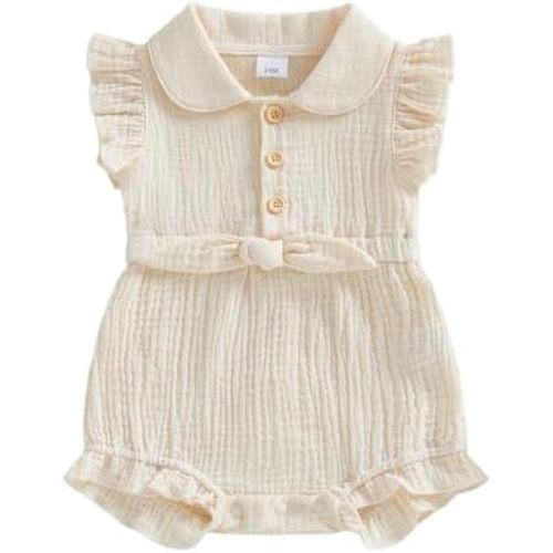 Baby Girl Summer Clothes Linen Romper Button Down Ruffle Sleeve Bodysuit Solid Color Jumpsuit Infant Summer Outfit
