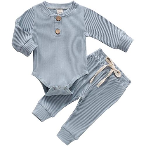 Newborn Baby Boy Girl Clothes Ribbed Knitted Cotton Long Sleeve Romper Long Pants Solid Color Fall Winter Outfits