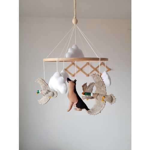 Duck mobile for crib, german shepherd, mallard duck nursery decor, unique baby mobile
