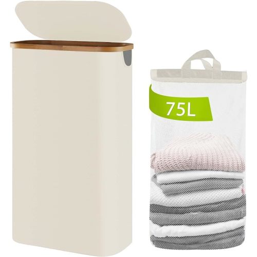 Small Laundry Basket, 75L Slim Laundry Hamper with Lid, Clothes Hamper for Laundry Basket Collapsible, Narrow Laundry Hamper for Small Spaces, Bedroom,Laundry Room, Dorm - Beige