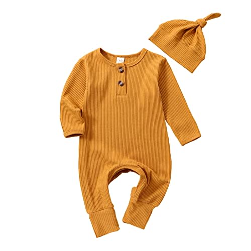 Infant Boys Girls Clothes Set Newborn Baby Romper Hat Ribbed Knit Long Sleeve Button Solid Bodysuit Jumpsuit