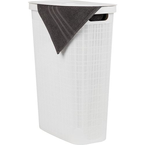 Mind Reader 40L Slim Laundry Hamper, Clothes Basket, Lid, Linen Design, Plastic, 18.5”L x 10.75”W x 23.5”H, White