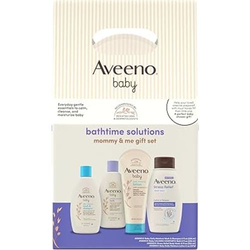 Aveeno Baby Bathtime Solutions Mommy & Me Gift Set, Baby Wash & Shampoo, Calming Bath, Daily Moisturizing Lotion & Stress Relief Body Wash for Mom, Nourishing Oat, Registry Must Haves, 4 items