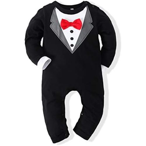 Kimocat Baby Boy Romper Tuxedo Jumpsuit Gentleman One-Piece Button-Down Bowtie Wedding Suit Bodysuit