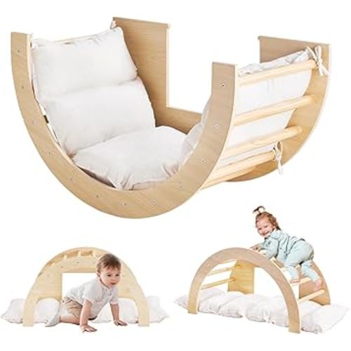 Beright 3 in 1 Climbing Arch Sensory Table with White Cushion for Kids, Montessori Wooden Climbing Toys, Kids Sensory Table with a Storage Bin, Rocker Board, Indoor Gym Learning Playset