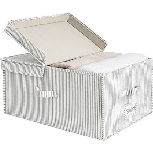 StorageWorks 55L Closet Storage Organizer With Handles, Canvas Basket With Lid, Double-Open Lid, Gray and White Stripes, Extra Large