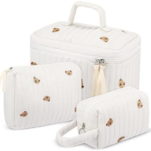 Paterr Makeup Bag Set 3 Pcs Large Quilted Cotton Make up Bags for Women Cosmetic Travel Toiletry Organizer Pouch Cute Aesthetic Storage Purse(White,Little Bear)