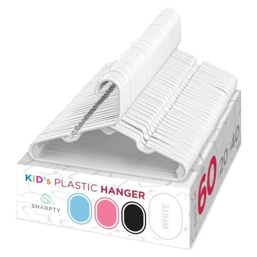 Sharpty Kids Plastic Hangers, Children's Hangers for Baby, Toddler, and Child Clothes - Everyday Standard Use - Ideal for Boys and Girls Closet, Clothing, Pants, Coats, and More - White, 60 Pack