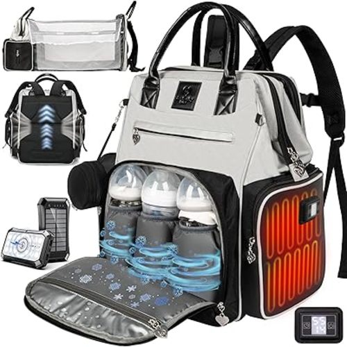 Award-Winning Smart Diaper Bag with Changing Station and Wireless Solar Power Bank – Heated Pockets, Temp Control, Insulated Slots, Water-Resistant, Organizational Compartments, Newborn Baby Bag