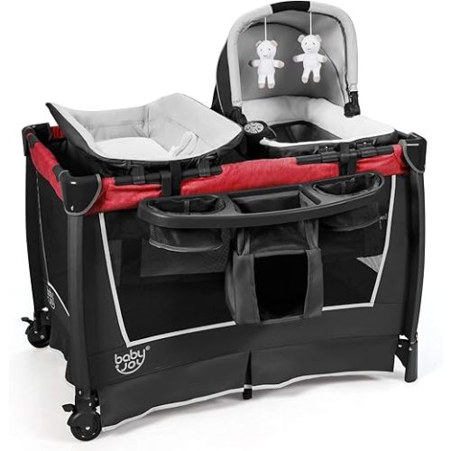 BABY JOY 4 in 1 Pack and Play, Portable Nursery Center Baby Playard w/Bassinet & Diaper Changing Table, Infant Bassinet Activity Center with Toys, Music, Oxford Bag for Toddlers (Rose, Classic)