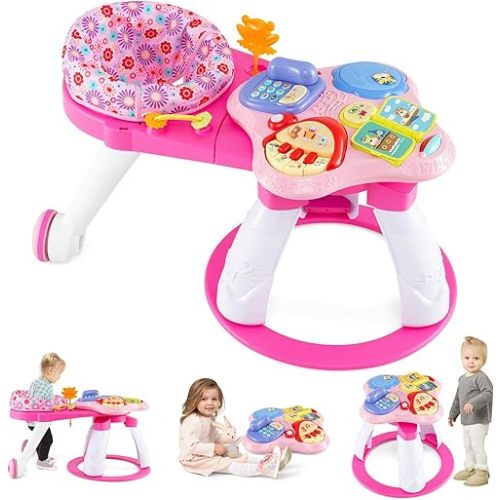 HONEY JOY Baby Activity Center, Discovery Activity Center and Table w/ 360° Walk-Around Seat, 3 Adjustable Heights, Music, Sounds & Developmental Toys, Activity Center for Babies 6-36 Months (Pink)