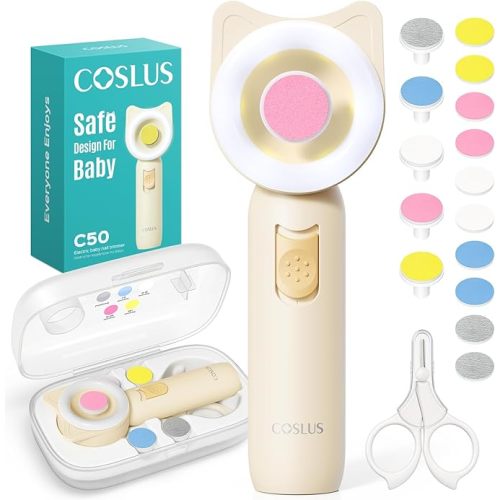 COSLUS C50 Baby Nail File, Baby Nail Trimmer Electric, Baby Nail Clipper - Gentle, Quiet with 360° Light, Safe for Sleep Time Grinding, 16-in-1 Kit for Newborn, Infant & Toddler, Lemon Yellow