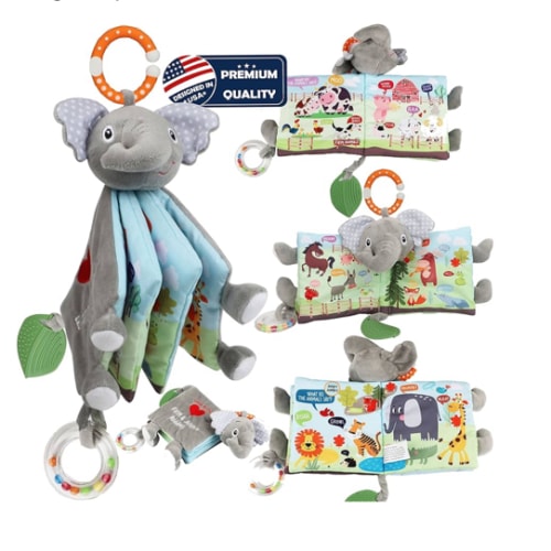 Elephant Touch and Feel Baby Books Toys 0-6 Months, Loveys Crinkle Books for Babies,Infant Toys 6-12-18 Months 1-2 Year Old, Baby Shower Easter Gifts Soft Cloth Book Teething Rattle for Boys Girls