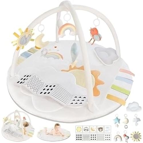 Baby Play Gym Tummy Time Mat with 6 Removable Hanging Toys,Promote Motor Skills & Sensory Development Mat,Baby Activity Mat Easy to Install & Clean