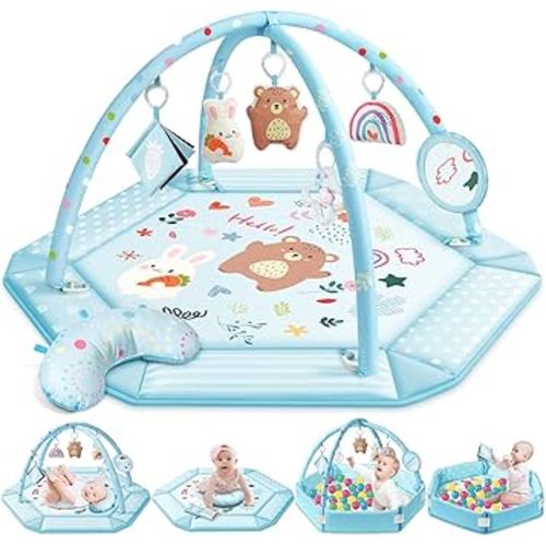 Baby Gym Play Mat, 8-in-1 Tummy Time Mat & Ball Pit with 6 Toys, Washable Baby Activity Mat for Visual, Hearing, Sensory, Motor Development, Baby Gift for Newborn Infant 0-3-6-9-12 Months (Blue)