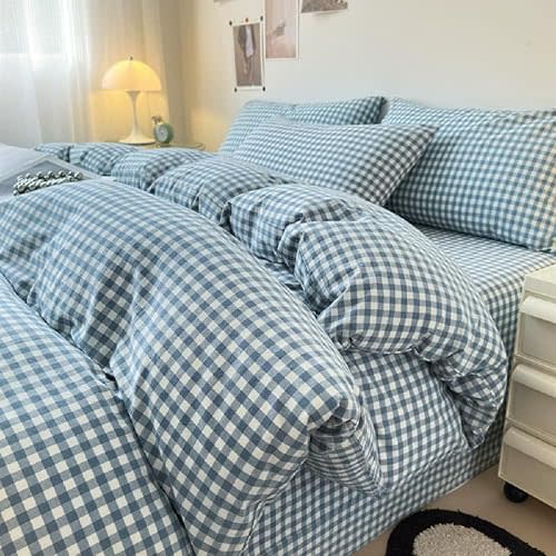 Blue Gingham Duvet Cover Full Size Washed Cotton Blue Grid Comforter Cover 3 Pieces Plaid Duvet Cover with Zipper Closure Luxury Soft Gingham Plaid Bedding Cover Full with 2 Pillowcases