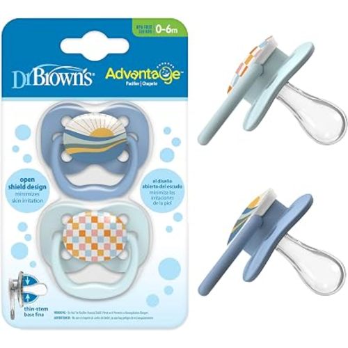 Dr. Brown's Advantage Baby Pacifier, Fully Symmetrical Soother with Soft Silicone Bulb, Blue Sunrise, 0-6m, BPA Free, 2 Pack